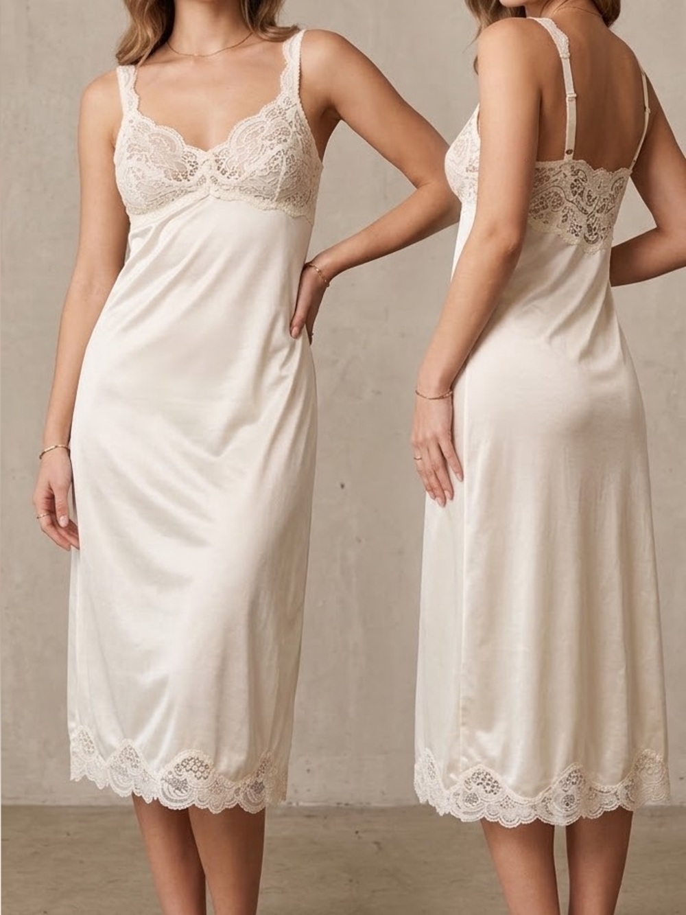 VINTAGE Bali SLIP Dress Lingerie Ivory sz 34 Silky Lace Satin Bachelorette Glam